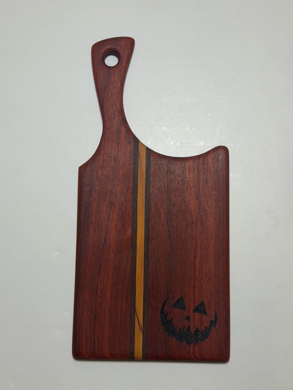 Handcrafted Dark Wood Serving Board with Pumpkin Inlay - Brown